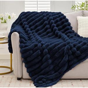 Cozy Soft Faux Fur Throw Blanket, 800GSM Warm Thick Fluffy Blanket, Fuzzy & Plush Striped Fur Throw for Couch & Bed Home Decor, 60"x80", Navy Blue