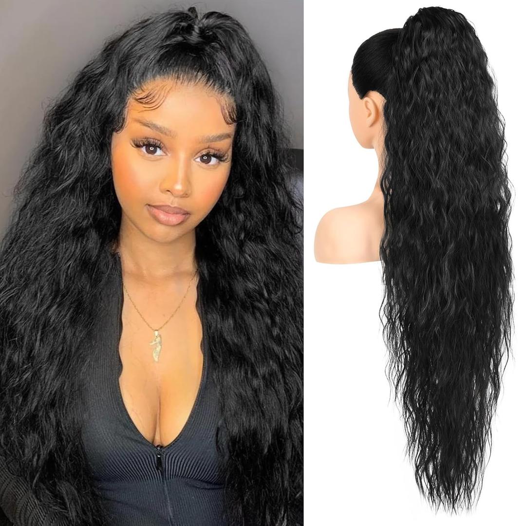 HOOJIH Ponytail Extension, 34 Inch Long Wavy Drawstring Ponytail Hair Extensions Black Pony Tail Extension Synthetic Hairpiece for Women Daily Use - Black