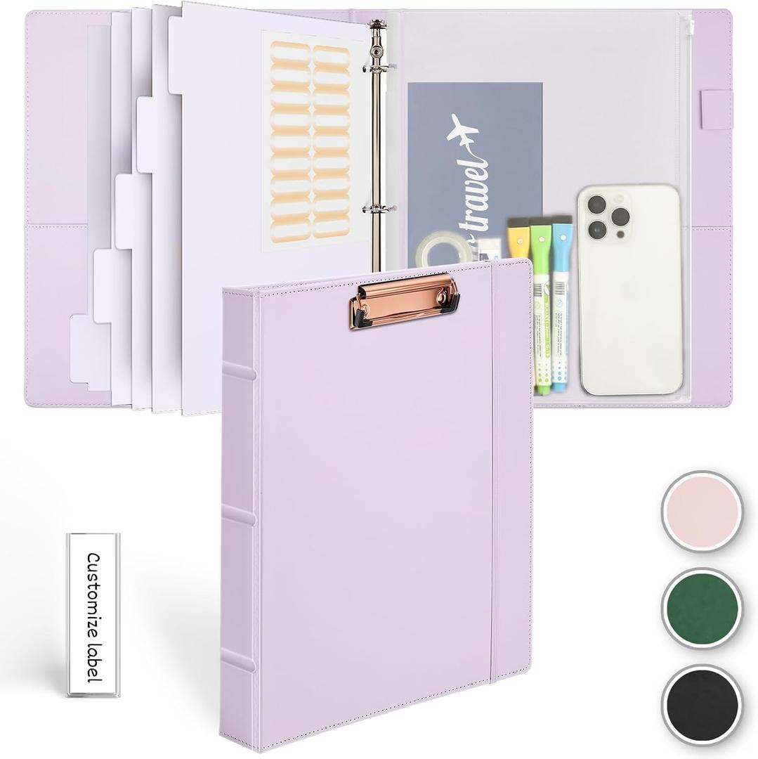 Hardcover 3 Ring 1 Inch Leather Binder, Letter Size Dividers With Tabs, PVC Zipper Pouch, Professional Organizer, Faux Lavender Purple Leather