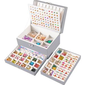 QBestry Earring Jewelry Box for Women Girls Stud Organizers, 5 Layers Grey Jewelry Organizer Box with Lock Necklaces and Earrings Holder Jewelry Box with Earring Organizer for Women Girls Xmas Gifts (Large)