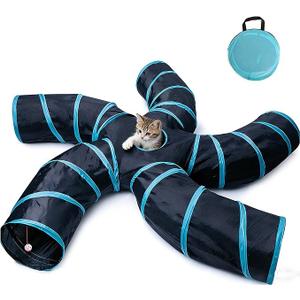 Cat Tunnel for Indoor Cats Large, with Bell Ball S-Shape 5 Way Collapsible Interactive Peek Hole Pet Tube Toys, Puppy, Kitty, Kitten, Rabbit (Blue & Black)