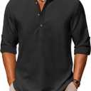 COOFANDY Men's Casual Henley Shirts Long Sleeve Band Collar Lightweight Beach Shirts Summer T-Shirts (Black, XL)