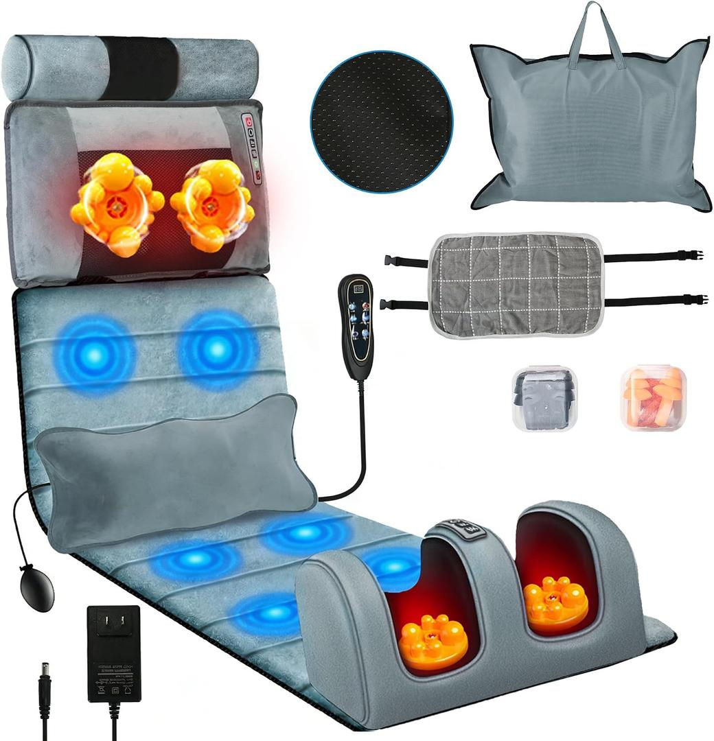Full Body Massage Mat with Heat, Massager Pad with 10 Vibrating Nodes, 9 Modes, 3 Heating Levels with Detachable Neck Foot Massager, Head Pillow&Inflatable Lumbar Pillow, Anti-Slip for Bed/Sofa