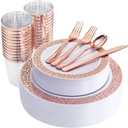 WELLIFE 175 Pieces Rose Gold Plastic Dinnerware,Rose Gold Dinnerware Set Include: 25 Dinner Plates 10.25", 25 Salad Plates 7.5", 25 Cups, 50 Forks, 25 Knives and 25 Spoons for Party
