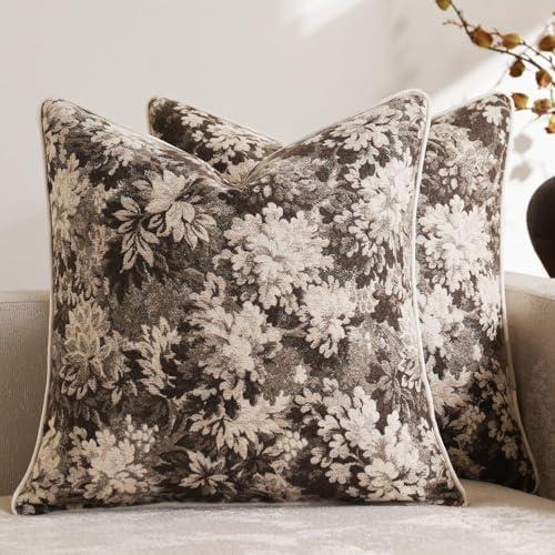 DEZENE Pack of 2 Vintage Floral Throw Pillow Covers 20x20 Boho Farmhouse Accents Chenille Square Decorative Pillow Cases for Living Room Couch Bed Home Decor, Grey
