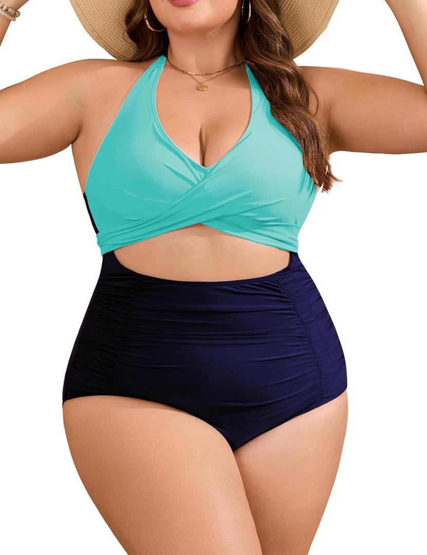 Edelqual Women's Plus Size One Piece Swimsuits Tummy Control Bathing Suit High Waisted Push Up Halter Cut Out Swimswear (3X-Large Plus)