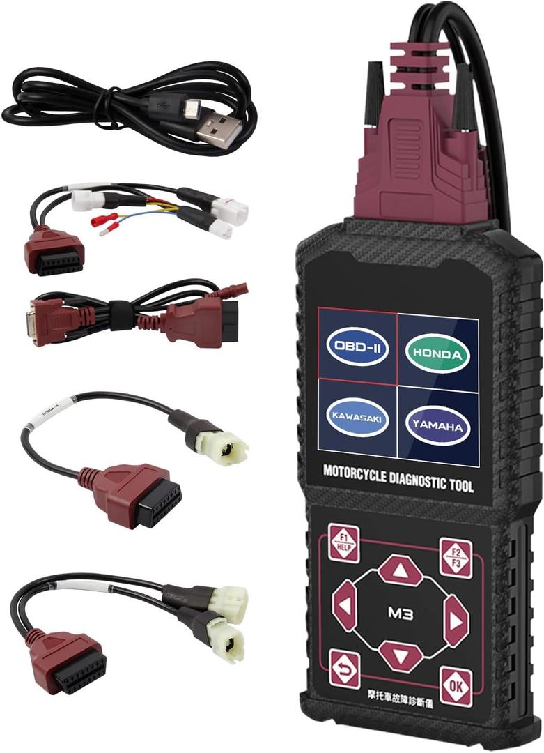 QPKING M3A Motorcycle Diagnostic Tool for Honda 4P, Kawasaki 46P, Yamaha 2/3/4P Read/Clear Fault Codes & Live Data, ECU/Service/Throttle Reset, ABS Bleed, OBD2 Scanner