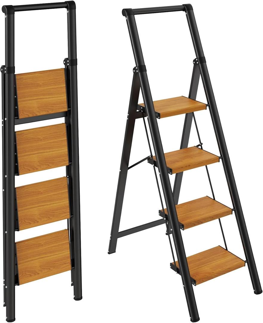 HBTower 4 Step Ladder, Lightweight Aluminum Folding Step Stool
Anti-Slip Wide Pedal, 330lbs Capacity Step Ladder for Household Kitchen Office, BlackWoodgrain