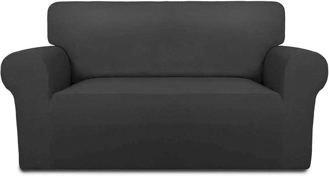 PureFit Super Stretch Sofa Slipcover  Spandex Non Slip Soft Couch Sofa Cover, Washable Furniture Protector with Non Skid Foam and Elastic Bottom for Kids, Pets Loveseat, Dark Gray (Medium)