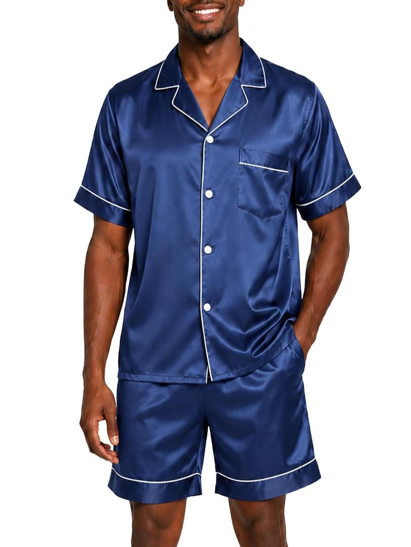 BBO FACTORY Men's Summer Silky Satin Pajama Set 2PC Short Sleeve Button Down Hotel Loungewear Pockets Sleepwear Navy L
