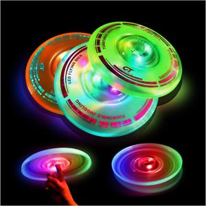 4 Pack 3 in 1 LED Flying Disc+Spinning Tops+Fingertip Juggling-Multifunctional Flying disc for Kids & Adults All Ages-for Outdoors & Families Party Camping(Orange+Green+Blue)