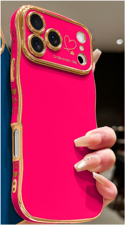 LCHULLE for iPhone 17 Pro Max Case for Women Girls, Cute Wave Frame Curly Shape with Love Heart Raised Camera Protection Cover Luxury Plating Shockproof Phone Case for iPhone 17 Pro Max