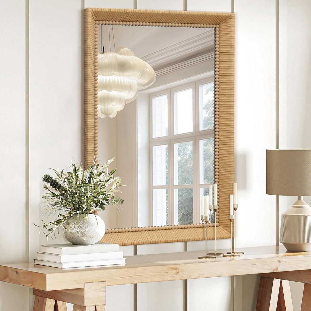 Besdomus Rustic Rattan Wall Mirror: 24x36 in Handmade Farmhouse Bamboo Mirror - Wood Frame Beaded Boho Wicker Mirror for Farm/Bedroom/Dressing Table/Bathroom/Sink - Home Decor for Living Room (Natural Rectangular)