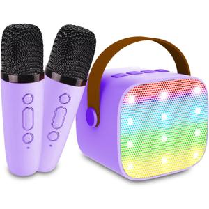 Portable Bluetooth Karaoke Speaker with 2 Wireless Microphones & LED Lights for Kids Birthday Parties (K1-2MIC-PURPLE)