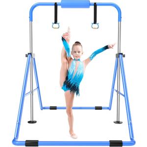 Safly Fun Gymnastics Bar for Kids 3-9, Foldable & Adjustable 35"-51", Supports 140Lbs with Pad, Easy to Assemble, Gymnastics Equipment for Indoor/Outdoor Training (Blue)