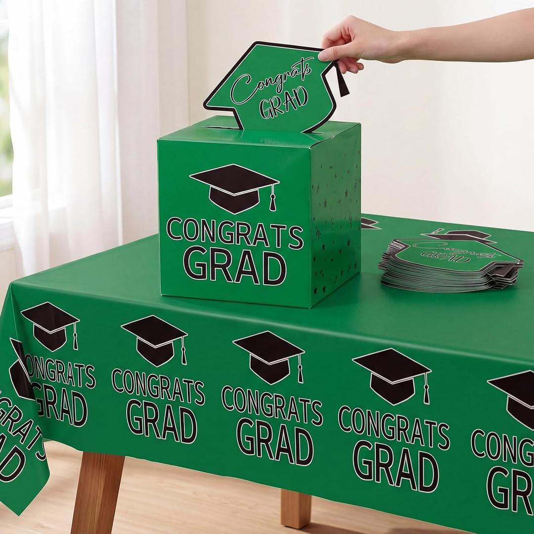 Tenceur Green and Black Graduation Party Decorations Set 2026 Graduation Card Box Tablecloth and 50 Pack Advice Cards for Guests Welcome Table Graduate Party Favors Decor Supplies Gifts
