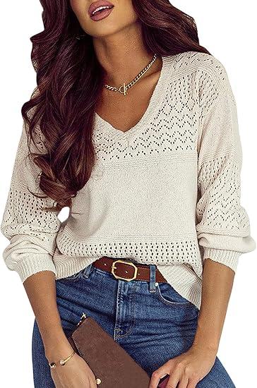 SHEWIN Women's Sweaters Casual Long Sleeve V Neck Lightweight Crochet Pullover Sweater Tops, XXL A White SHEWIN Women's Sweaters Casual Long Sleeve V Neck Lightweight Crochet Pullover Sweater Tops, XXL A White