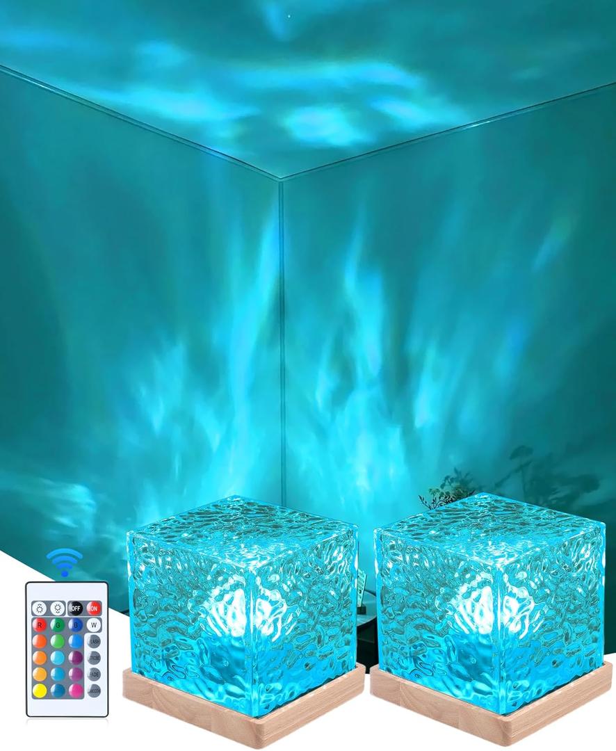 2 PCs Cordless Lava Lamp, Rechargeable Northern Lights Cube Ocean Wave Projector Light Aurora Glow Lamp,16 Colors Gradual Rotating with Remote Control for Bedroom Living Room and Game Room