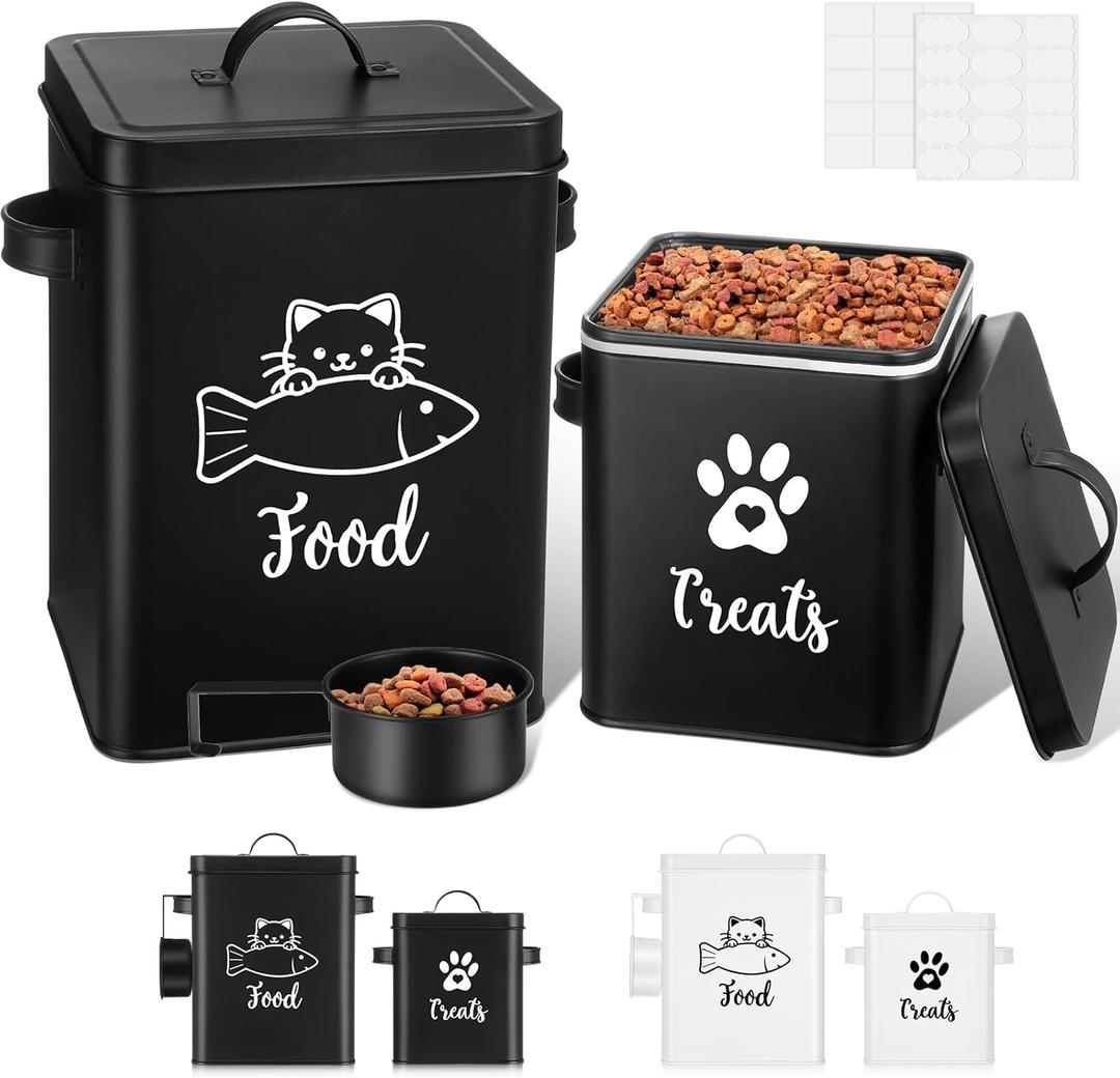 Funnymoom 2 Pcs Metal Cat Food Containers with Airtight Lids and Spoon 7+3 Lbs Cat Treat Storage Organizer with DIY Labels Big Pet Dry Food Jar Vintage Snack Bin for Kitchen Pet Owners Gift(Black)