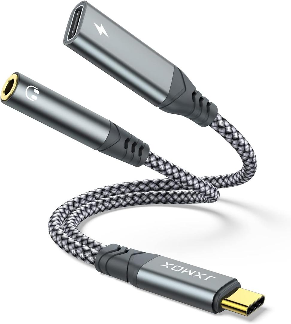 USB C to 3.5mm Headphone and Charger Adapter, 2-in-1 USB Type C to Aux Jack Dongle Cable with PD 60W Fast Charging for iPhone 15 16 Pro Max Plus, Samsung Galaxy S22 S23 S24 Ultra, Note 20, iPad Pro (1-Pack, Grey)
