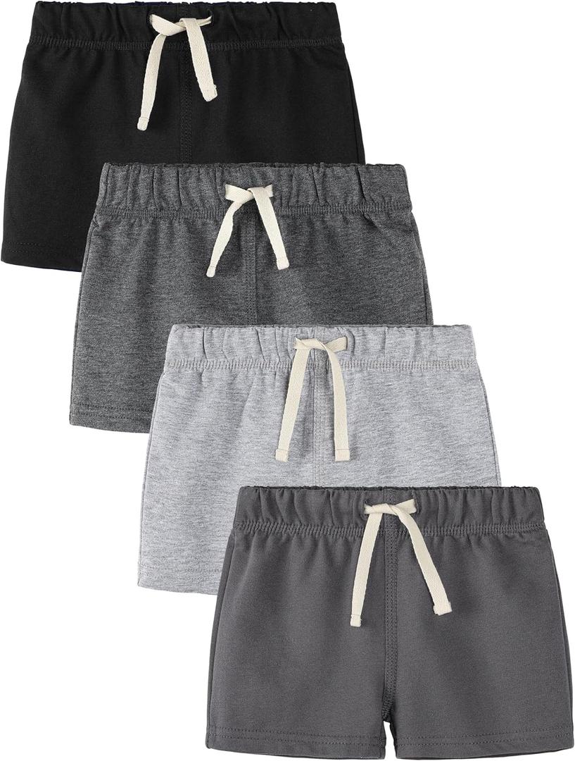 Feyoyi 4 Pack Baby Boy Shorts Cotton Pull On Baby Shorts Infant Boy Clothes Summer Casual Elastic Waist with Drawstring Black, Dark Gray, Ash Gray, Charcoal Gray Set A 3-6M