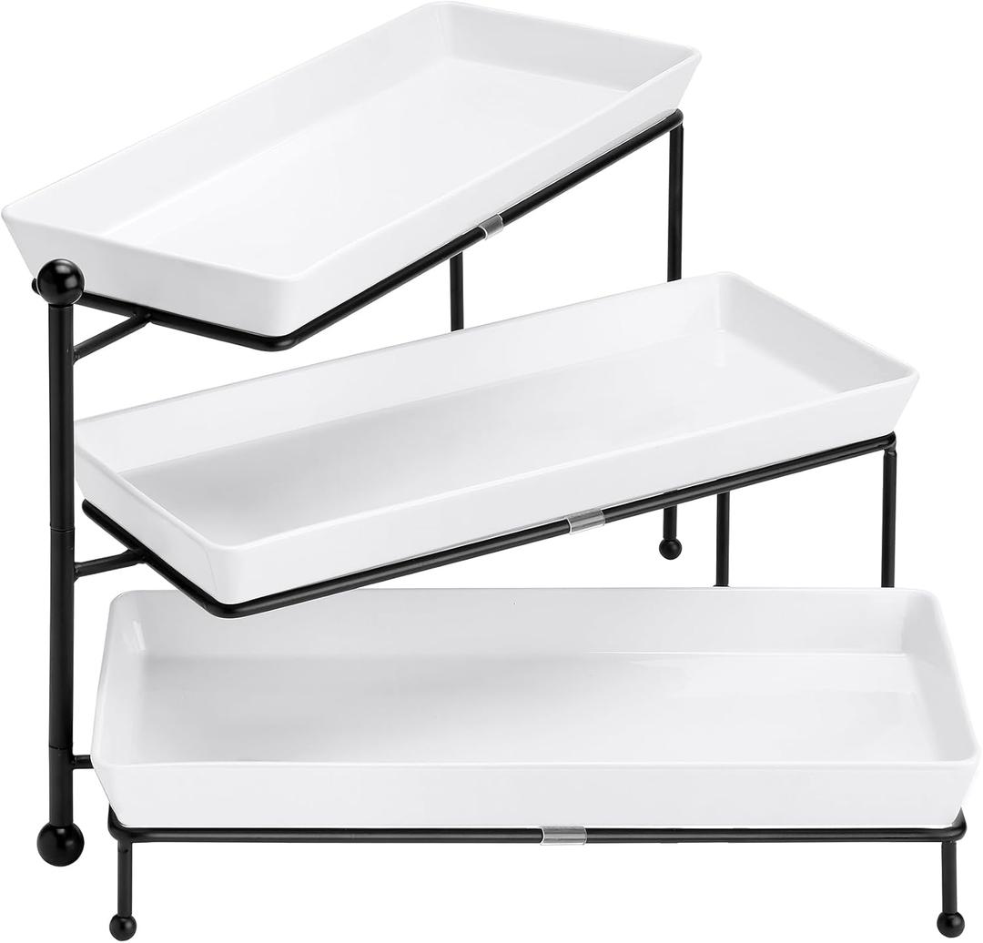 Yedio 3 Tiered Serving Stand, Foldable Rectangular Food Display Stand with White Platters - Serving Trays, Dessert Display Server for Brithday Party, Valentine's Day and Events (13.5 Inch, Black)