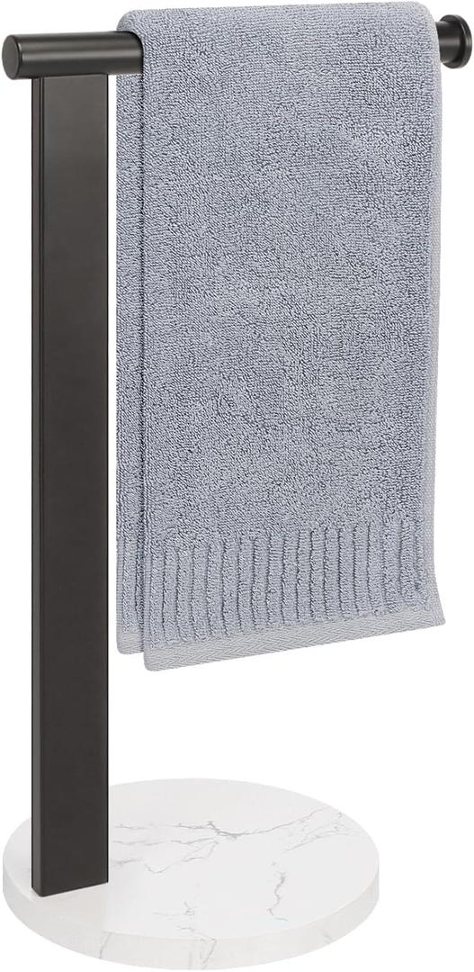 Hand Towel Holder Stand for Bathroom, L- Shaped Standing Hand Towel Rack, Towel Bar Kitchen Vanity Countertop Organizer, SUS304 Stainless Steel Material, Marble Base (Matte Black)
