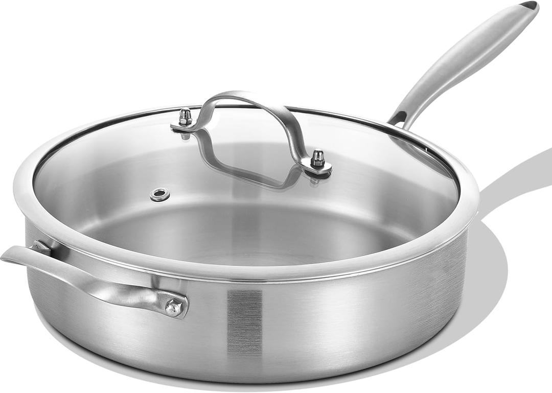 LOLYKITCH 5 Quarts Tri-Ply Stainless Steel Saut Pan wih Lid, 12 Inch Deep Frying Pan,Jumbo Cooker,Induction Cooking Pan,Dishwasher and Oven Safe,Detachable Handle.