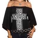 WDIRARA Women's Goth Cross Graphic T-Shirts Off Shoulder Tee Short Sleeve Grunge Punk Top Black Large