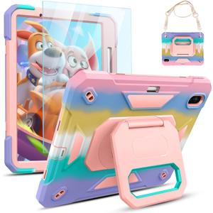 KCJ for iPad Air 11 Inch Case M3 2025 7th Generation & M2 2024 6th Generation, with Tempered Glass Screen Protector,Rugged Protective Case with Folding Stand/Pencil Holder/Shoulder Strap (Rainbow)