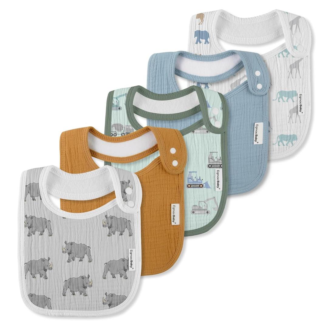 Muslin Bibs for Baby Boys Girls, Organic Muslin Baby Bib for Drooling and Teething, Soft Bandana Drool Bibs 5 Pack (Animal Party)
