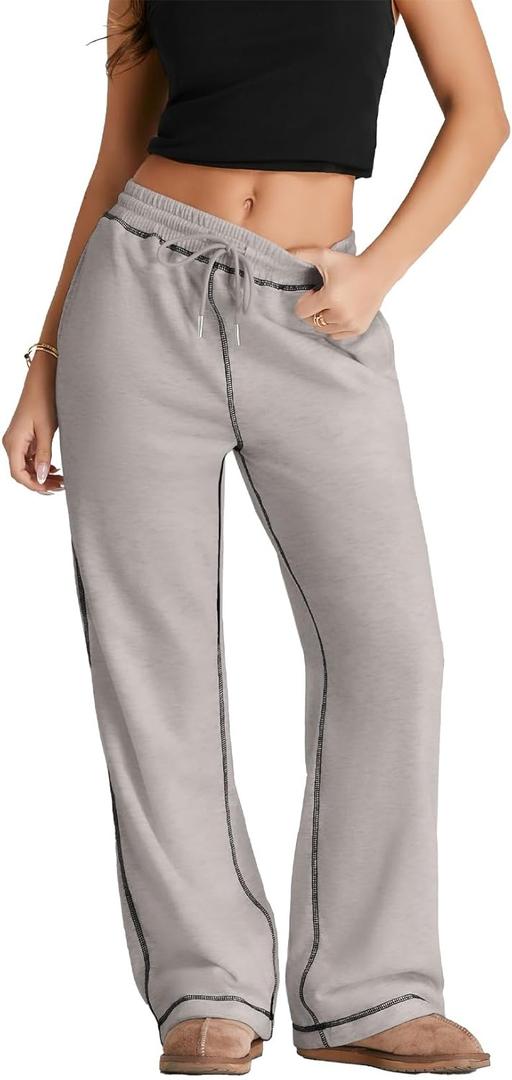 Herseas High Waisted Sweatpants for Women 2025 Fall Wide Leg Contrast Stitching Drawstring Loose Lounge Jogging Pants (Large, Gray)