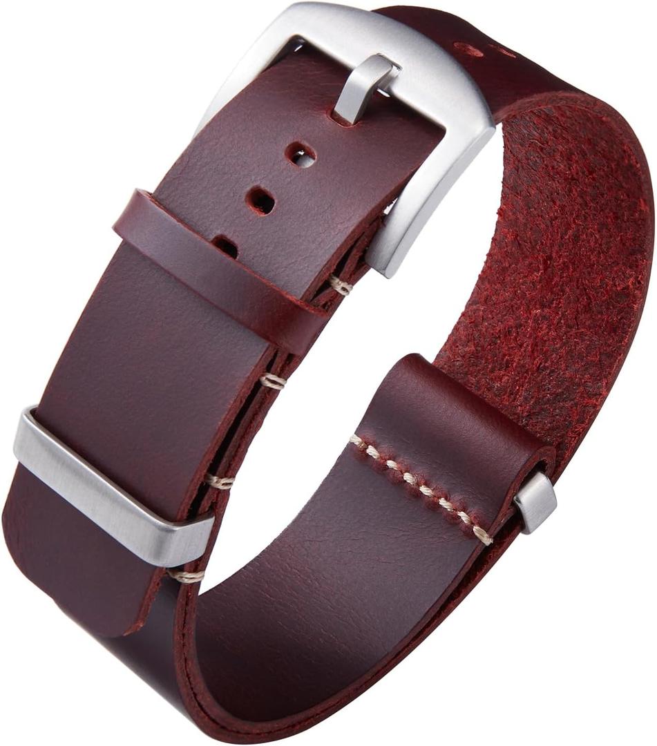 BINLUN Leather Watch Band Crazy Horse Oiled Leather Watch Straps 18mm 19mm 20mm 21mm 22mm 24mm Replacement One-Piece Watchbands for Men and Women Silver & Black Buckle
