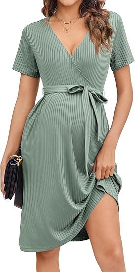 Ekouaer Women Short Sleeve Maternity Nursing Dress Casual V Neck Breastfeeding Loungewear Ribbed Knit Pregnancy Dresses (M, Ice Green)