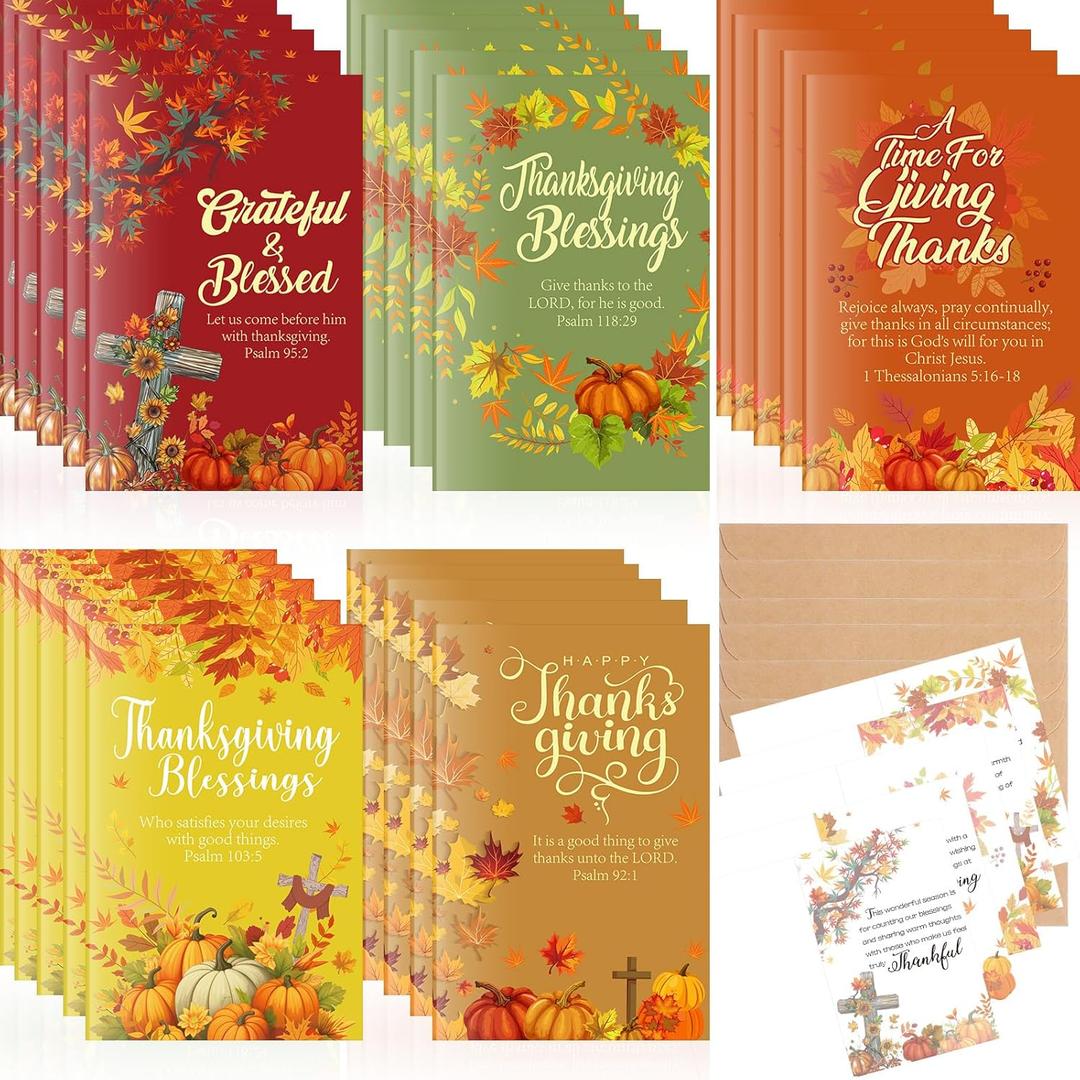 100 Sets Thanksgiving Greeting Cards with Envelopes Religious Cards with Bible Verses Pumpkin Thank You Bulk Kraft Envelopes for Fall Autumn Thanksgiving Party Supplies, 4 x 6 Inch