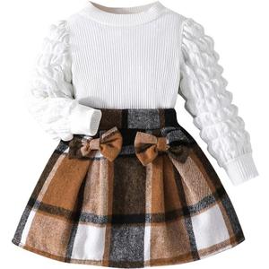 Noubeau Toddler Girls Plaid Outfits Girls Puff Sleeve Knit Ribbed Shirt Tops Plaid Skirt Set Kids Fall Winter Clothes (8 Years, Black-Brown)