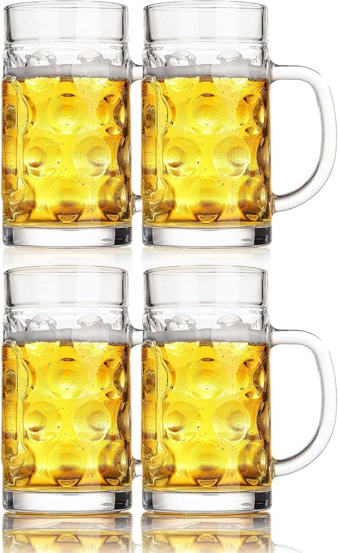 Beer Mugs for Freezer, 20oz Glass Beer Mug with Handle, Large Glass Beer Stein, Thick Frosty Mug for Beer Cup Mug for Water, Drinks, Lead-Free Glasses Set of 4 for Men in Pub, Home