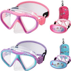 Toddler Swim Goggles Nose Cover,Kids Goggles No Hair Pull,Anti Fog Children Swimming Mask (2PK - Pink & Purple Mermaid)