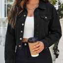 EMMIOL Women's Cropped Denim Jacket Lapel Long Sleeve Button Front (Black)
