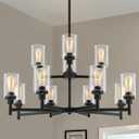 LIGHTDAMY Black Chandelier for Living Room Light Fixture, Large Farmhouse Chandeliers with Clear Glass Shade, Industrial 2-Tier 12 Lights Hanging Lighting for Dining Room Restaurant Villa, 12-Light D37.4"