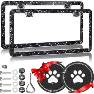 Black Bling License Plate Frames for Women Sparkly Rhinestone License Plate Frame Diamond Car License Plate Cover Glitter Bedazzled License Plate Holder 2 Pack with Bling Cup Coasters