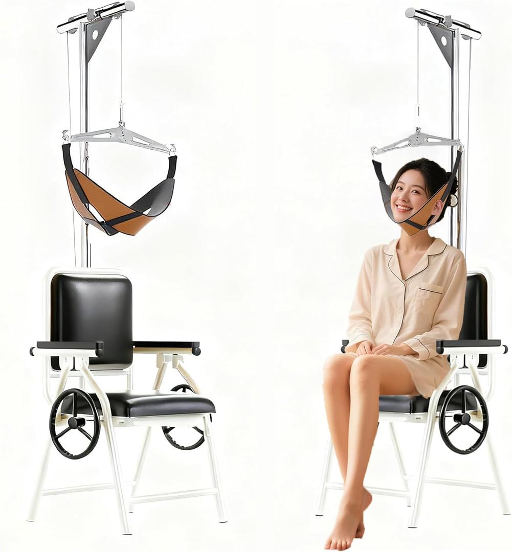 Professional Cervical Traction Device & Neck Stretcher Chair - Adjustable Home Neck Pain Relief System with Force Gauge, Use for Spinal Decompression, Relieve Numbness & Stiffness, Foldable