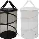 2PCS Large Collapsible Round Popup Laundry Hamper with Lid,Foldable Mesh Hamper with Reinforced Handles and Solid Bottom,White and Black Laundry Basket