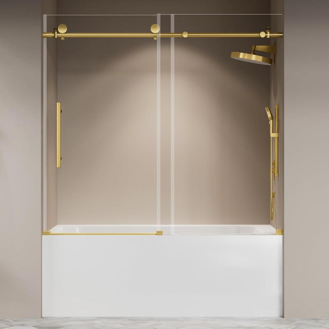Frameless Bathtub Shower Door 56"-60" W X 59" H,Glass Shower Doors for Tub,Sliding Bathroom Tub Glass Door with Explosion-Proof Film,5/16" (8mm) Clear Tempered Glass,Stainless Steel Frame,Sturdy,Gold