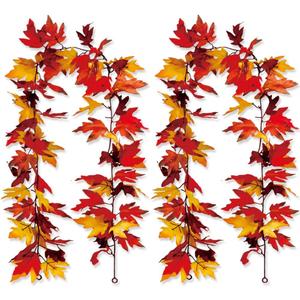 2 Pack Fall Maple Leaf Garland Decor Autumn Hanging Vine Garland Artificial Autumn Leaves Thanksgiving Decorations for Fall Indoor Outdoor Home Fireplace Stairs Party Supplies (Maple Leaf-Y)