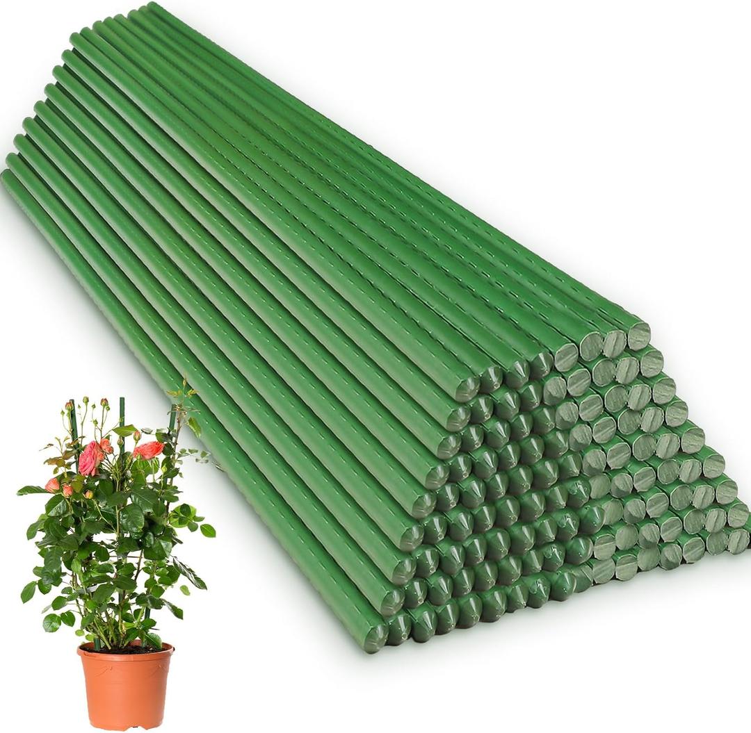 Tanlade 100 Pack 4 Ft/ 48 Inches Garden Plants Stakes Tomato Stakes Steel Metal Plant Sticks Support with Plastic Coated Sturdy for Tomato, Beans, Peppers, Trees, Outdoor Indoor Climbing Plants