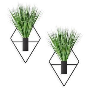 YXFOOR Cute Set of 2 Small Wall Hanging Planters, 10x5 Inch Mini Geometric Wall Vase with Artificial Plants, Compact Boho Farmhouse Decor for Bathroom, Living Room, Bedroom, Office (Black)