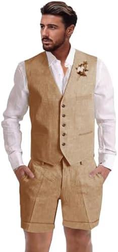 Dsteng Mens Linen Suit 2 Piece Short Suits for Men Casual Summer Beach Wedding Suit Linen Vest Shorts Set, XL