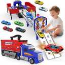 SpringFlower Carrier Truck Race Track Toys, Boy Toys for 3 4 5 6 Years Old Boys with Lights Sounds, Transporter Race Track with 6 Die-Cast Car, Vehicle Toy for Kids Birthday Gifts