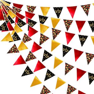 32Ft Hollywood Theme Party Decorations Red Black Gold VIP Star Triangle Flag Fabric Banner Pennant Garland Streamer for Movie Night Birthday Baby Shower Film Show Music Award Party Decor Supplies